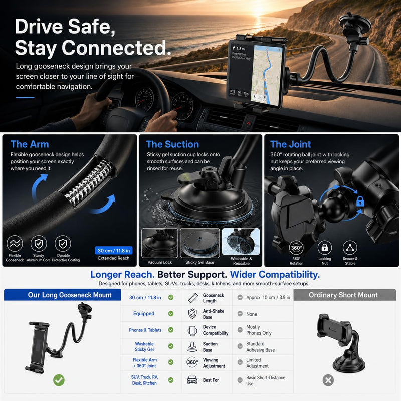 Car Windshield Tablet Mount 360° Rotation Suction Cup Holder Large Adjustable Clamp Fits 5 to 15 Inch Devices for Truck SUV Navigation and Entertainment, Black