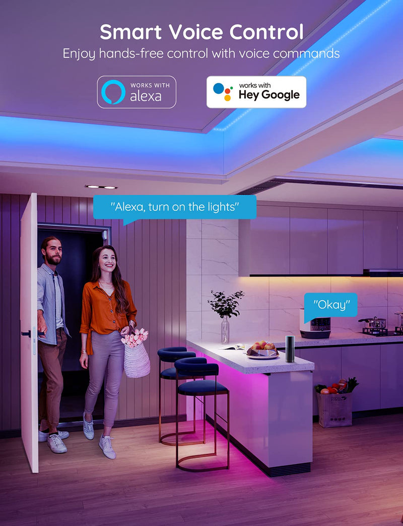 Govee Smart WiFi LED Strip Lights, 50ft RGB Led Strip Lighting Work with Alexa and Google Assistant, Color Changing Light Strip, Music Sync, LED Lights for Bedroom, Party, Easy to Install