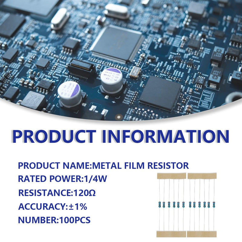 Innfeeltech 1/4 W 1% Tolerance 120 Ohm Metal Film Resistor for DIY Project and Experiments, 100 Pieces 1/4W 120Ω