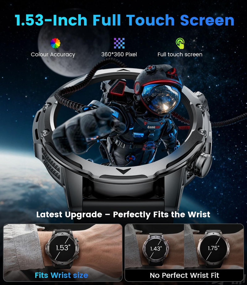 1.53'' Smart Watches for Men with 1000mAh Battery/Flashlight, Military Smart Watch with 120+ Sports Modes, Heart Rate/Sleep Monitor/IP68 Waterproof, Fitness Tracker for Android iOS, Jet Black