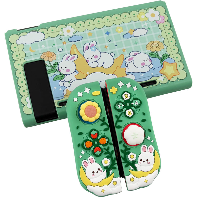 Protective Case for Nintendo Switch, Hard Back Shell + 2 Silicone Ergonomic Controller Covers + 2 Thumb Grips Caps, Cute Rabbit and Flower Cover, Green For Switch
