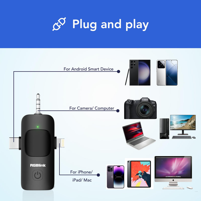 [AUSTRALIA] - RGBlink Wireless Lavalier Microphone 3 in 1 Mini Microphone Lapel Mic, Plug & Play Compatible with Android, DSLR Camera and Laptop Recording, Live Streaming, YouTube, TikTok, Interview 3-in-1 Microphone 