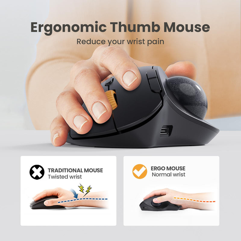 ProtoArc EM04 Wireless Trackball Mouse, Bluetooth Trackball Mouse | Thumb-control design reduces wrist fatigue, connect 3 devices via Bluetooth/2.4G USB-A, 500mAh rechargeable battery Gray