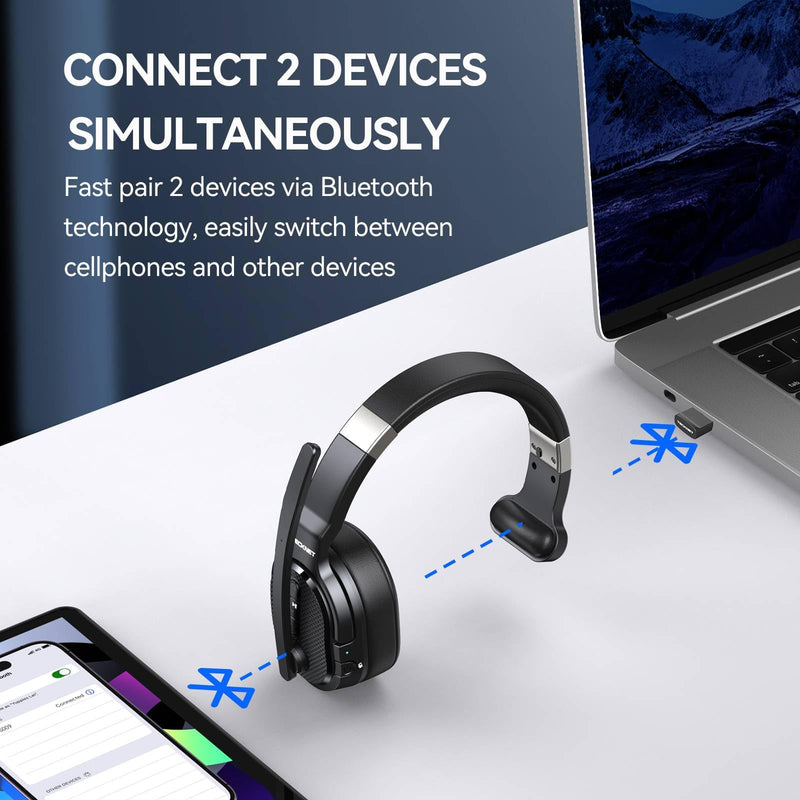 TECKNET Trucker Bluetooth Headset, Stable V5.2 & USB Dongle Connection, 70h Wireless Bluetooth Headsets with Mic and Mute, ENC Noise Canceling, Headset for Truck Drivers, Cell Phone, PC Comfort Office Black - Non removable