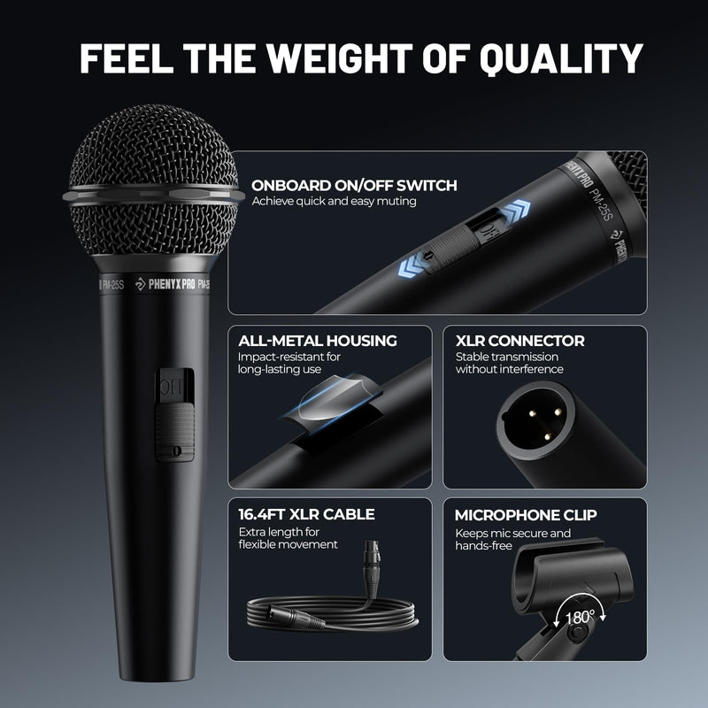 Phenyx Pro Dynamic Vocal Microphone, Cardioid Microphone with ON/Off Switch, 16.4 ft XLR Cable, Mic Clip, Storage Bag, Wired Handheld Mic for Singing, Stage, Studio, Karaoke (PM-25S)