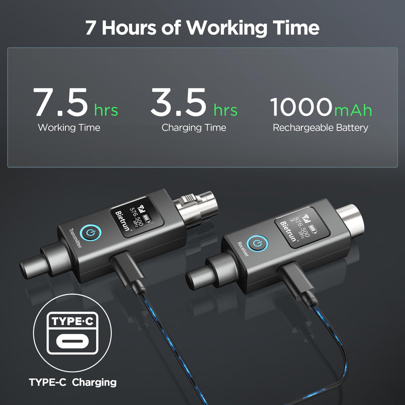 Bietrun Wireless XLR Transmitter Receiver, XLR Wired to Wireless Mic Adapter, UHF 230ft Range, 30 Channels, Receiver with Bluetooth, to 1/4'' Adapter, for Dynamic/Condenser Mics, Audio Interface