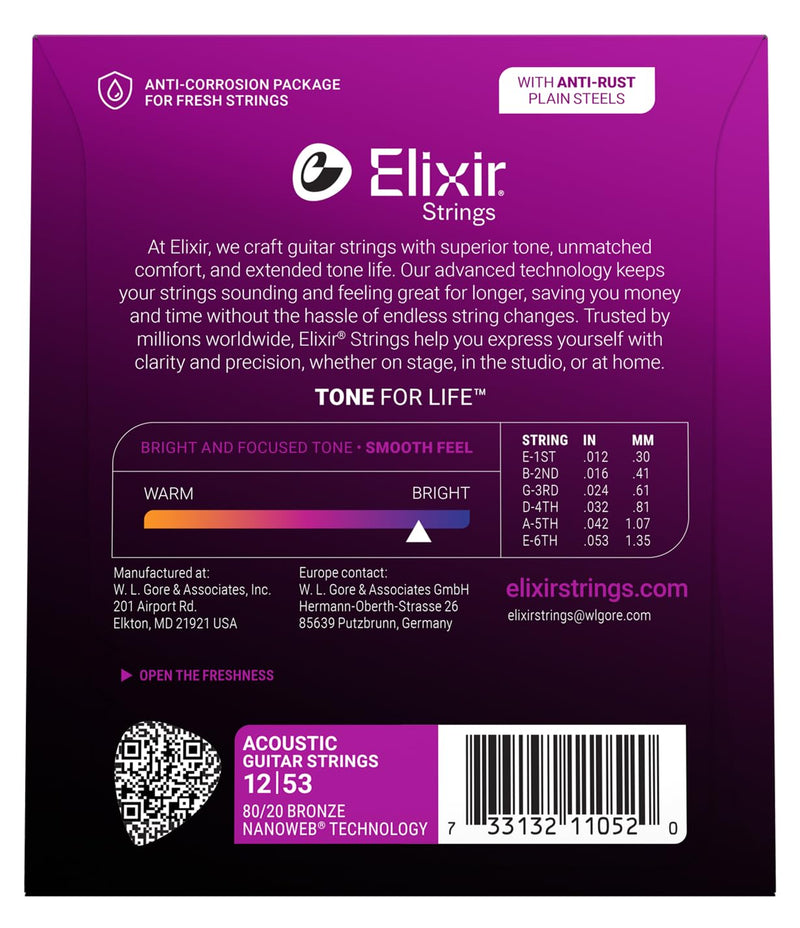 Elixir Strings, Acoustic Guitar Strings, 80/20 Bronze with NANOWEB Coating, Longest-Lasting Bright and Focused Tone with Comfortable Feel, 6 String Set, Light 12-53 Light (.012-.053) 1 Pack