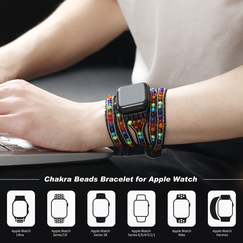 Boho 5 Wraps Bracelet Compatible with Beaded Apple Watch Band for Women Men 38mm/40mm/41mm, 7 Chakra Apple Watch Strap for Iwatch Band Series 8/7/6/5/4/3/2/1/SE Ultra