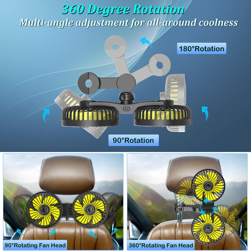 Qidoe Car Fan for Back Seat, USB Powered Portable Fans for Car 360° Rotation Cooling Fans with 3 Speeds, 5V Air Circulation Vehicle Fan Adjustable Clip for All Kind of Cars Yellow