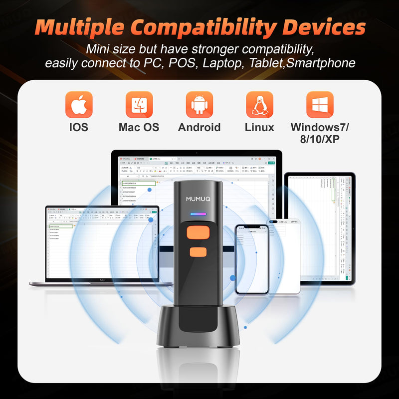 Wireless Barcode Scanner Mini Bluetooth 1D 2D QR Bar Code Scanner 3-in-1 Bluetooth & 2.4G & USB Wire Barcode Reader Compatible with Windows Android iOS Tablet PC (with Charging Dock)