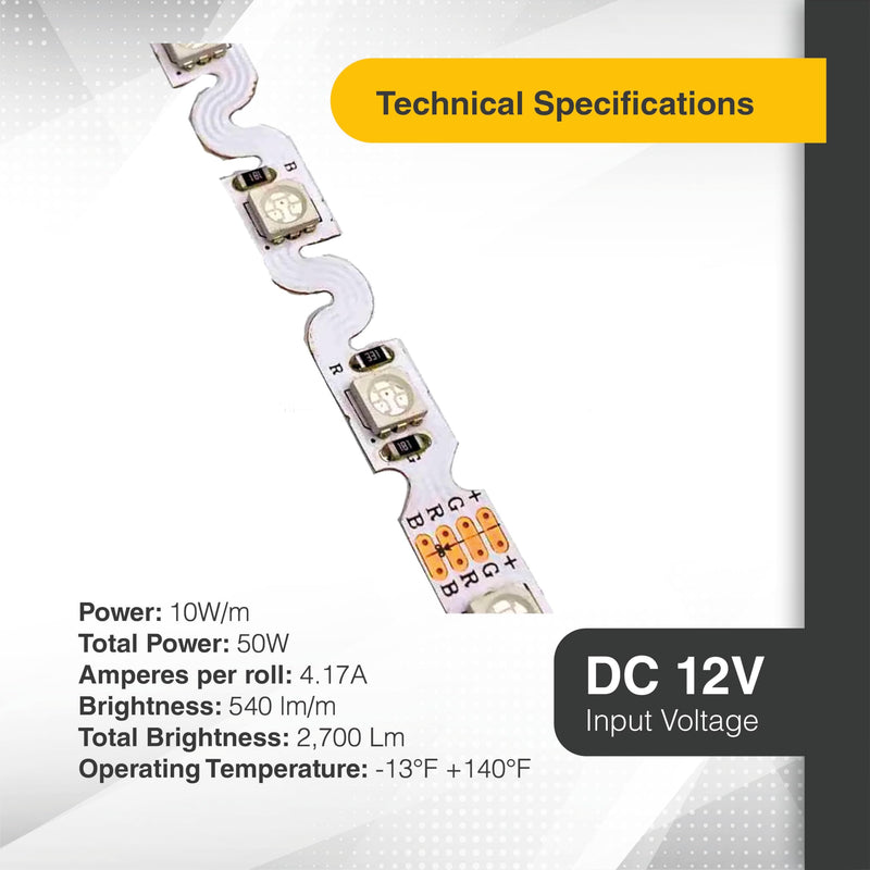 [AUSTRALIA] - LED Lighting 12V 16.4ft UL 5050 SMD Zig-Zag LED Strip Lights Dimmable 660lm/m 6.2W/m 300 LEDs 60 LEDs/m IP33 Non-Waterproof. S Shape Angle Turning Capable (RGB) RGB (Red, Green, Blue) 