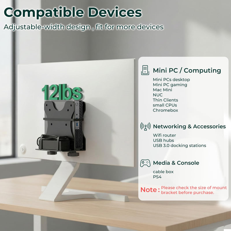 Yimaut Adjustable Mini PC Vesa Mount Bracket Behind Monitor, Under Desk, Attached to Monitor Arm, Wall or Stand Pole for HP, Dell, KAMRUI, Mac Mini, GMKtec, Cable Boxes, Wi-Fi Routers and Small CPUs