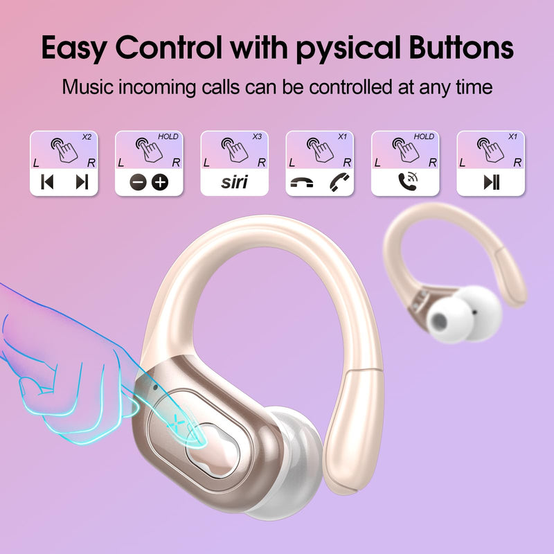 Aptkdoe 2 Sets Wireless Earbuds Sport, Bluetooth 5.4 Over Ear Buds Stereo Deep Bass Over Ear Bud with Earhooks, 75H Wireless Earphones with Mic, IPX7 Waterproof Earphone for Sports Black+Rose Gold