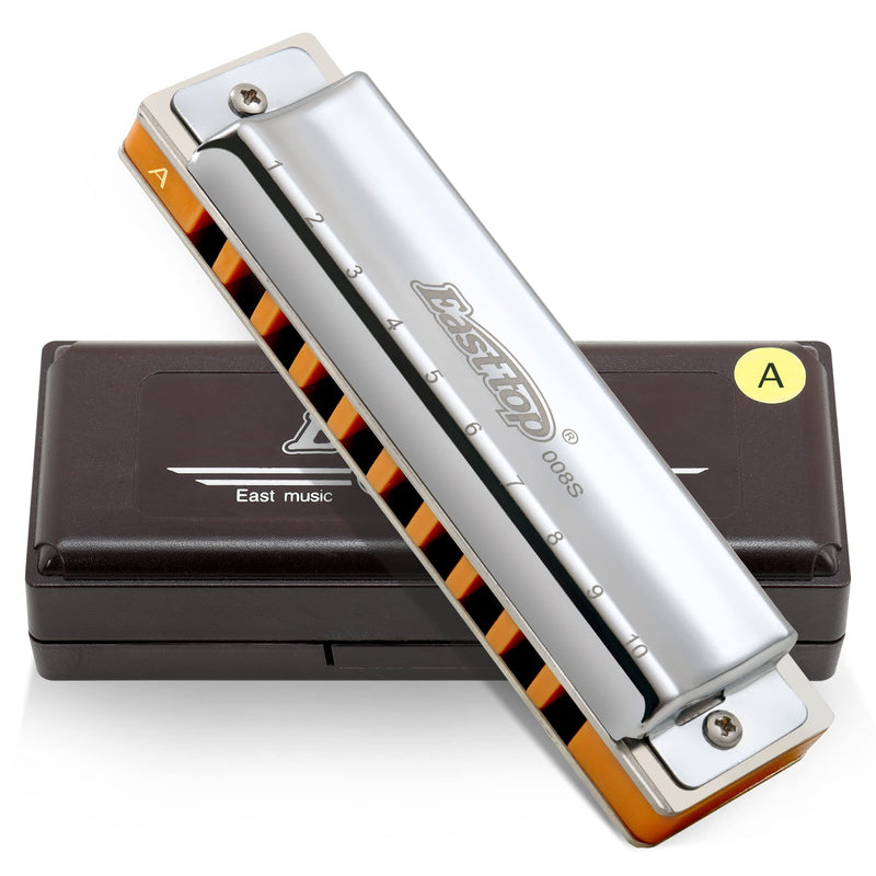 East top 10 Holes Professional Diatonic Blues Harmonica Key of A with Silver Cover, Probgrade Harmonicas For Adults, Professional Player and Students