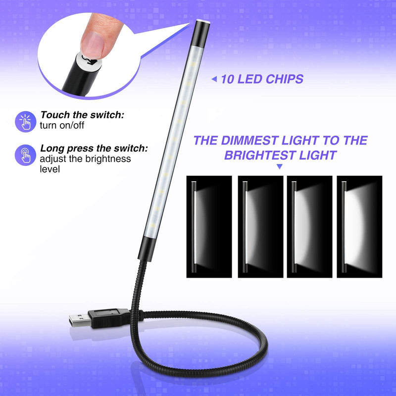 2 Pieces USB LED Light USB Light for Laptop Keyboard Light Gooseneck Light Computer Light Flexible Stick Dimmable LED Lamp Touch Switch for Reading Book (Black, Silver) Black, Silver