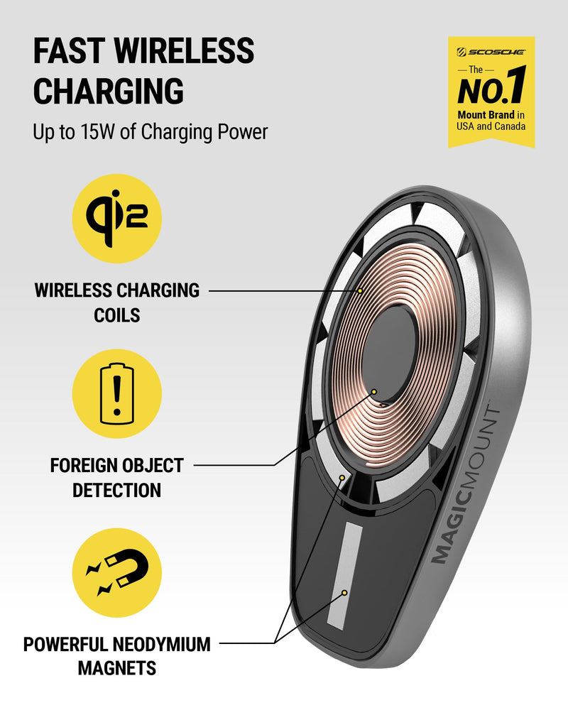 Scosche MPQMD-SP MagicMount Charge Pro Qi2 Fast Wireless Charging MagSafe Car Mount Charger, 15W Magnetic Cell Phone Holder for Car Dashboard Compatible with iPhone 16/15/14/13/12 Pro Max Plus, S25 Adhesive Dash Teardrop