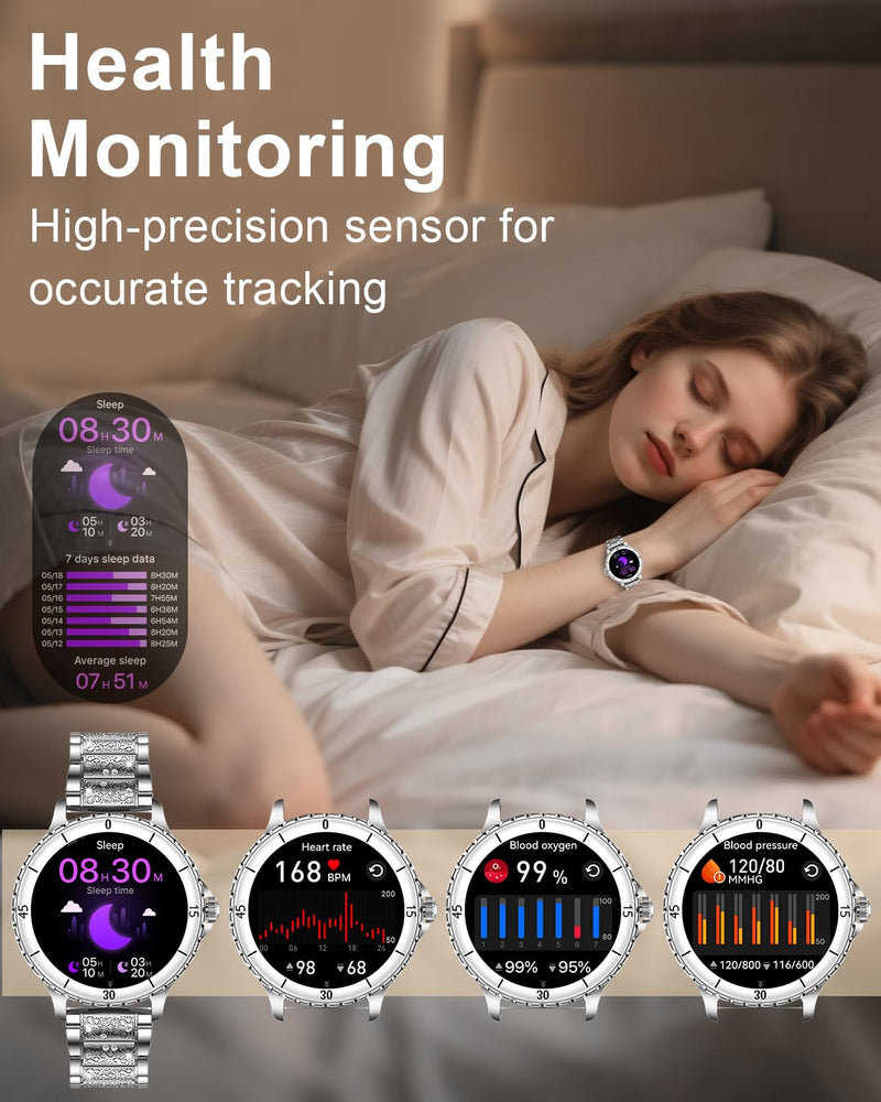 Smart Watches for Women(Answer/Make Call) with Diamond, 1.27" HD Bluetooth Smartwatch for Android iOS Phones, IP68 Fitness Tracker with Heart Rate, SpO2, Sleep Monitor, 120+ Sports, Silver