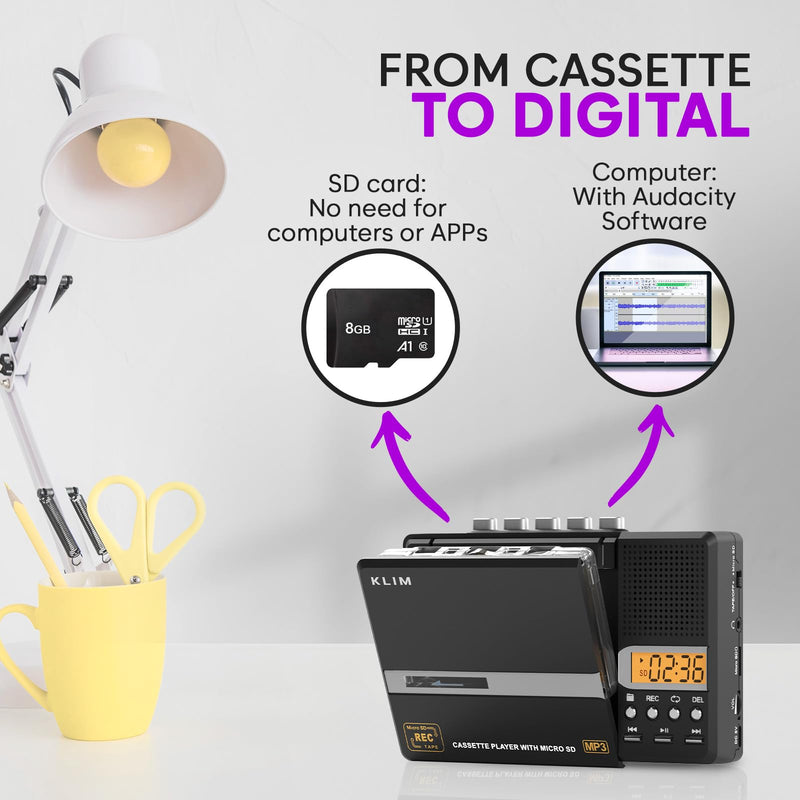 [AUSTRALIA] - KLIM K10 Portable Cassette Tape Player & Tape Recorder, Cassette to MP3 Converter + Built-in Microphone & Speaker + USB PC Transfer + Battery/USB Powered + 8GB SD Card + Earphones 