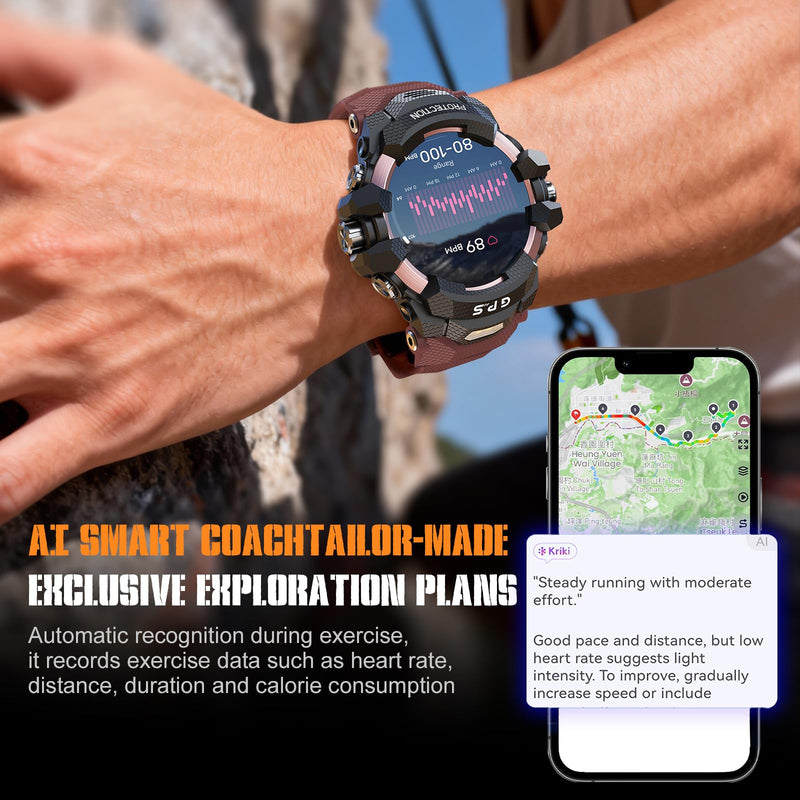 GPS Smart Watch AI Q&A Local Music Playback, GPS Motion Track, SOS Whistle, Compass, Altitude, Dual LED Flashlight, 25-Days Standby, 3ATM Waterproof, Red