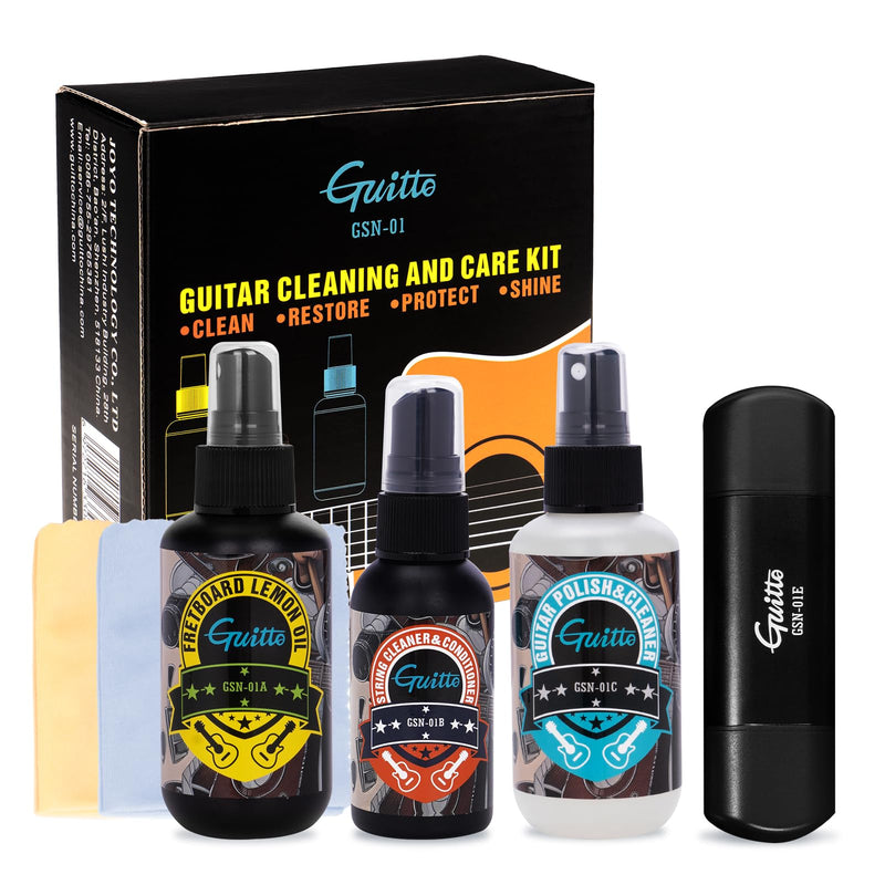 GUITTO Guitar Cleaning Kit All in One - Guitar Care Kit with Fretboard Lemon Oil, Guitar Polish, String Cleaner for Acoustic Guitar, Electric Guitar, Bass - Microfiber Cloths GSN-01