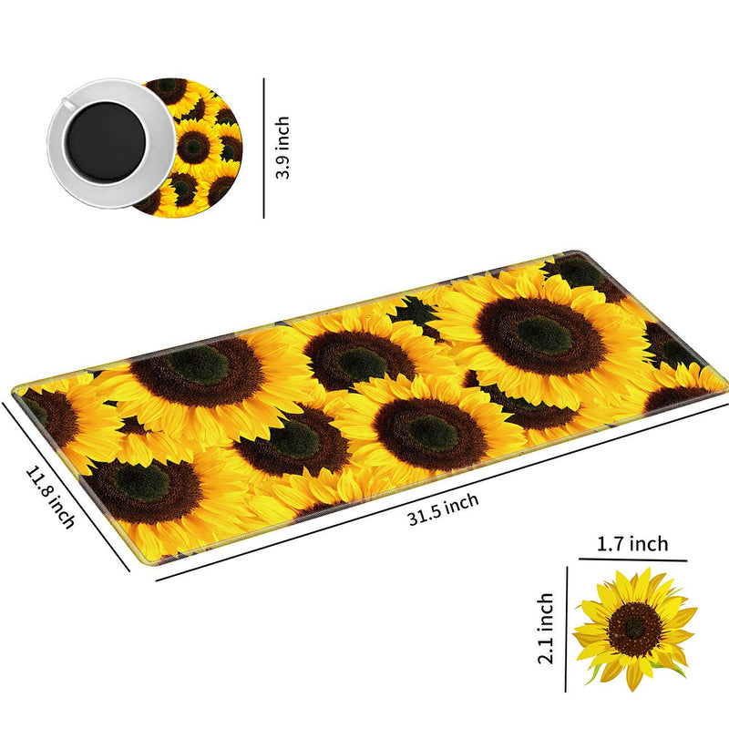 Large Gaming Mouse Pad Non-Slip Keyboard Pad Soft Extended Desk Mat Desktop Writing Pad (31.5"×11.8") with Yellow Sunflower Design for Home & Office + Cup Coaster and Cute Stickers