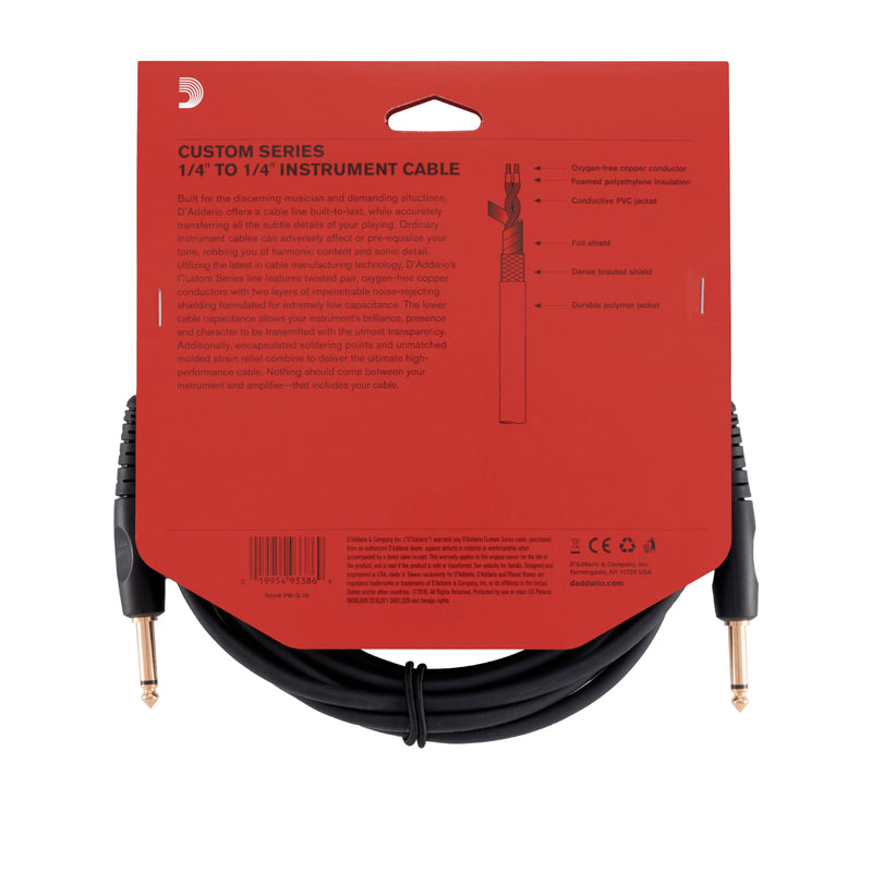 D’Addario Accessories Custom Series Guitar Cables - Instrument Cable with ¼ Inch Ends - High Performance Guitar Cord - For Guitars, Bass, Keyboards - Mono - Straight End, 15 feet