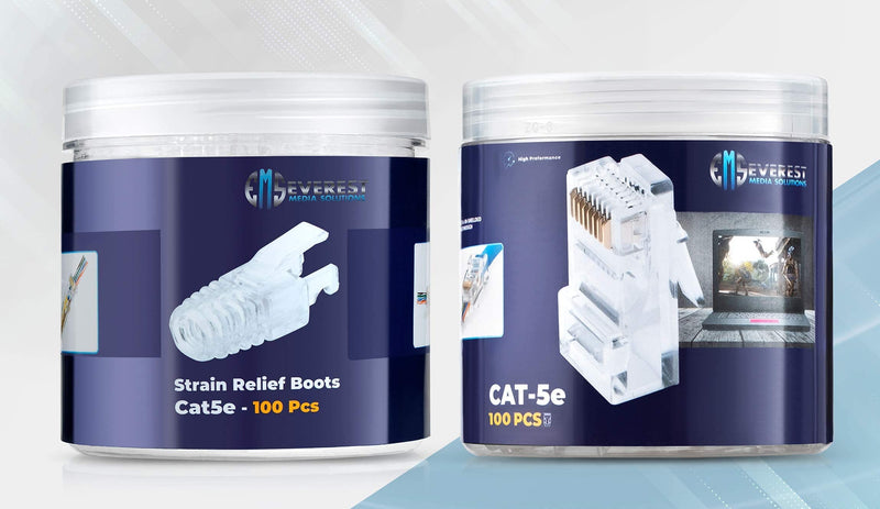 Everest Media Solutions Bundle – 2 Items: RJ45 Cat6 Pass Through Connectors and Strain Relief Boots - Pack of 100/100 + RJ45 Cat5e Pass Through Connectors and Strain Relief Boots - Pack of 100/100