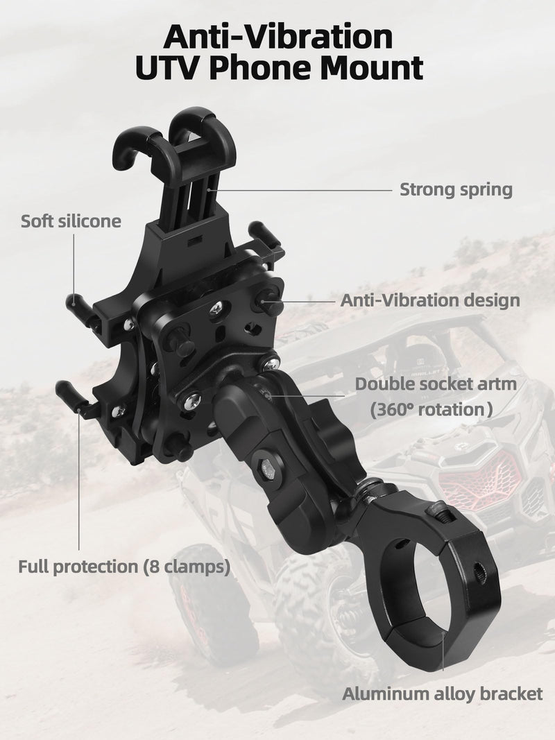 ZIDIYORUO Anti-Shake UTV Phone Mount Holder with Vibration Dampener | Heavy Duty Aluminum SXS Cell Phone Holder Fit for 1.75"-2" Roll Cage, Adjustable & Full Protection, Holds 4.7"-7.1" Phones