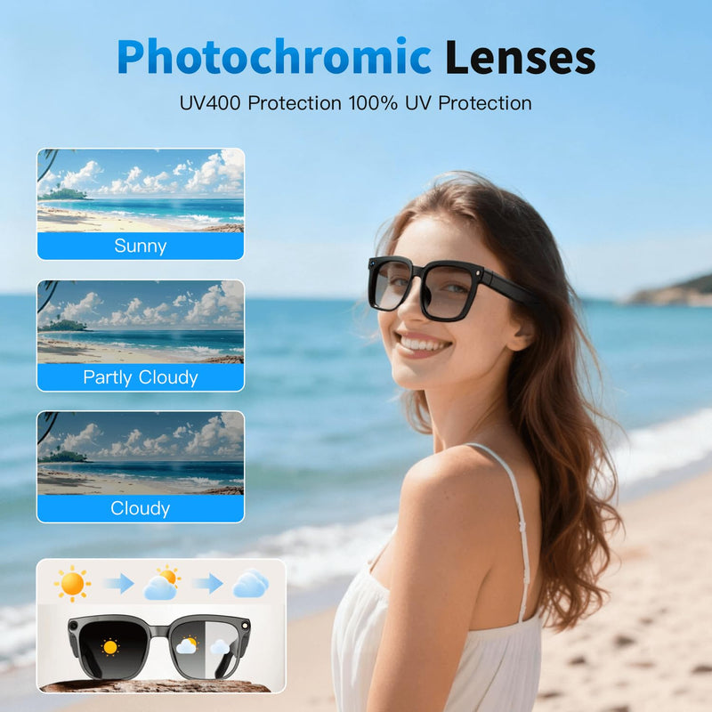 32GB AI Smart Glasses 4K HD Camera, 290mAh Battery, 8MP Anti-Shake Camera Glasses, Support Video Recording, Real-time Translation/GPT Lens Recognition, Photochromic Lens Black