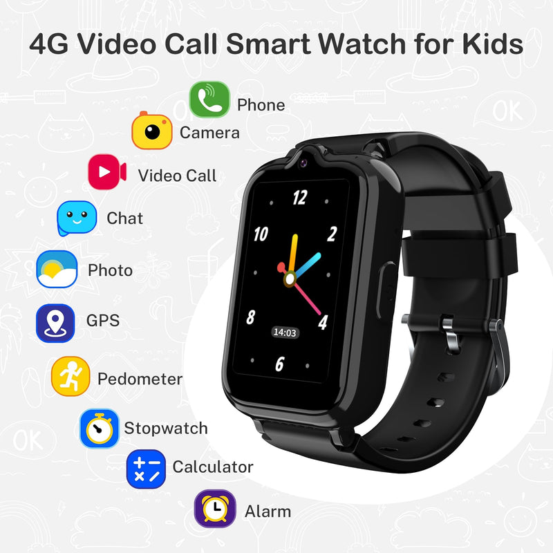 4G Smart Watch for Kids | Kids Watch with GPS Tracker Waterproof HD Touch Screen Video & Voice Chat Calling Alarm SOS Camera Calculator Parental Control, Kid Cell Phone Watches Gift Toys for Ages 8-13