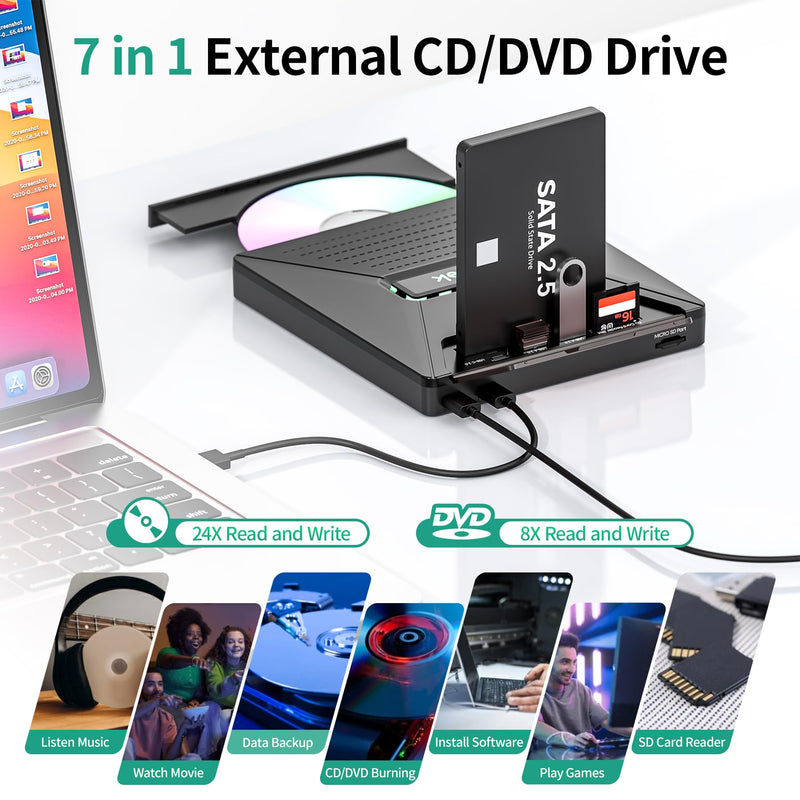 SUIDEK External CD DVD Drive,Optical Disc Reader+/-RW Burner with SATA Slot | Portable CD DVD Driver with 2.5" SATA,SD Card Reader and USB A Type C 2.0 Hub Compatible with Laptop PC Windows Mac OS Linux Matte Black