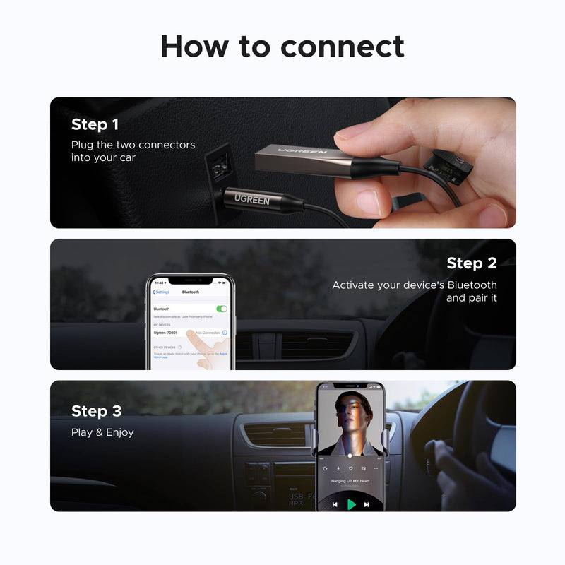 UGREEN Aux to Bluetooth 6.0 Car Adapter with LDAC, 3.5mm Aux Adapter Built-in Microphone, Car Bluetooth Audio Receiver for Hands-Free Calls Compatible with Speaker & Home Audio