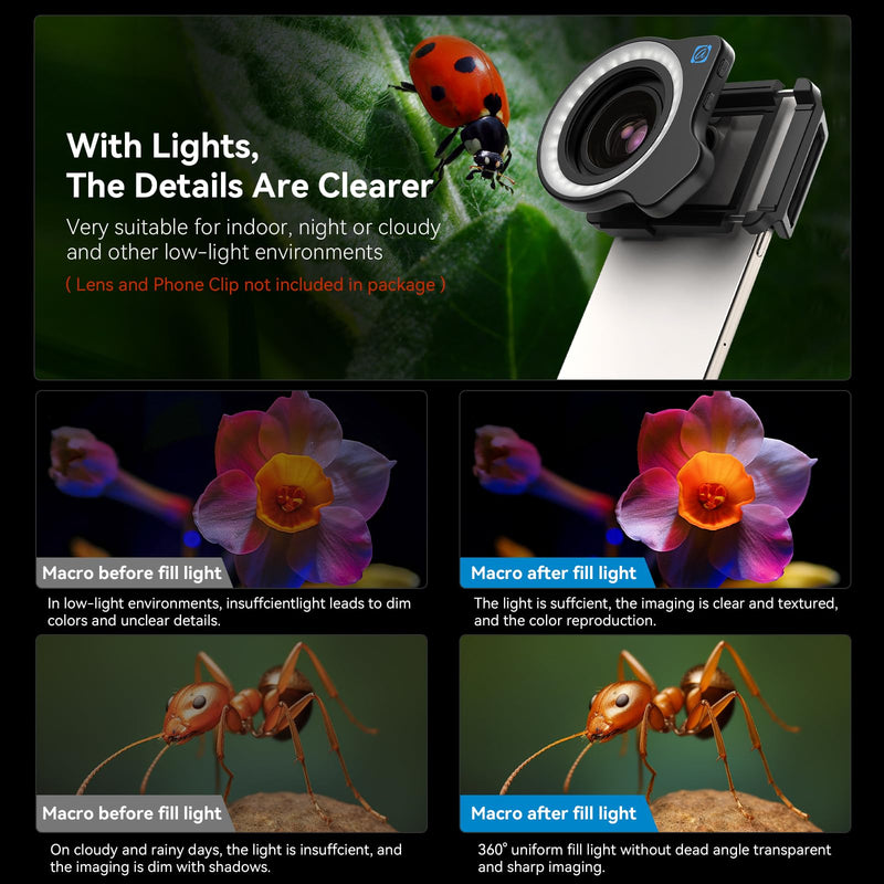 [AUSTRALIA] - Evil eye 37mm+52mm Thread Macro Lens Fill Light, Portable Phone Lens Ring Light with High Power 32 LED/CRI 95+/ 45 Light Modes, Lens Attachments for All 37mm+52mm Phone Lens/Filter/Camera Lens 