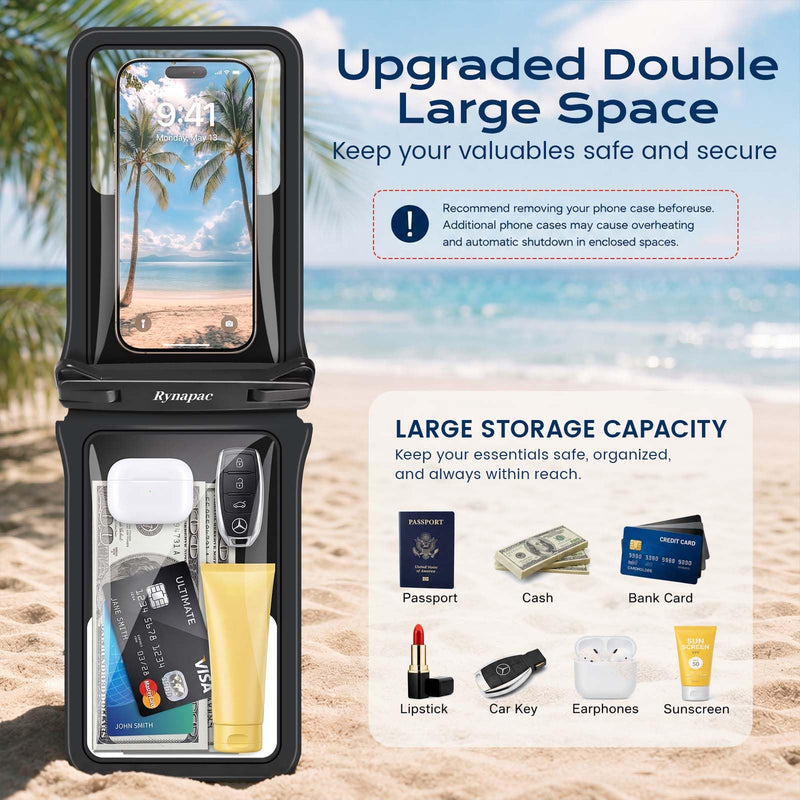 Rynapac Waterproof Phone Pouch 2 Pack, IPX8 Double Space Waterproof Phone Case with Lanyard for iPhone 17/16/15 Pro Max, Galaxy S26 Ultra, Cell Phone Dry Bag for Beach Cruise Essentials, Up to 8.5’’ Black+Green