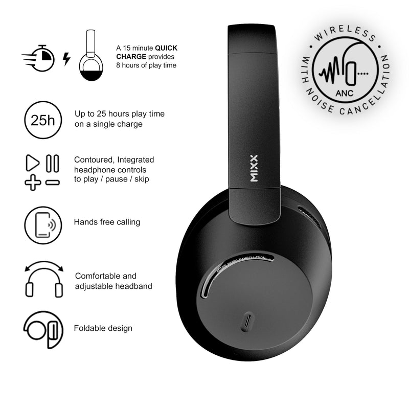 MIXX StreamQ C4 Wireless Noise Cancelling Headphones, Black