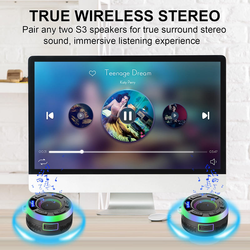 [AUSTRALIA] - Shower Bluetooth Speaker IPX7 Waterproof, Portable Bluetooth Speakers with Suction Cup and Time Display, Crystal Sound&Bass LED Light 1100mAh, Wireless Shower Speaker for Outdoor/Kayak/ Gifts/Beach Black 