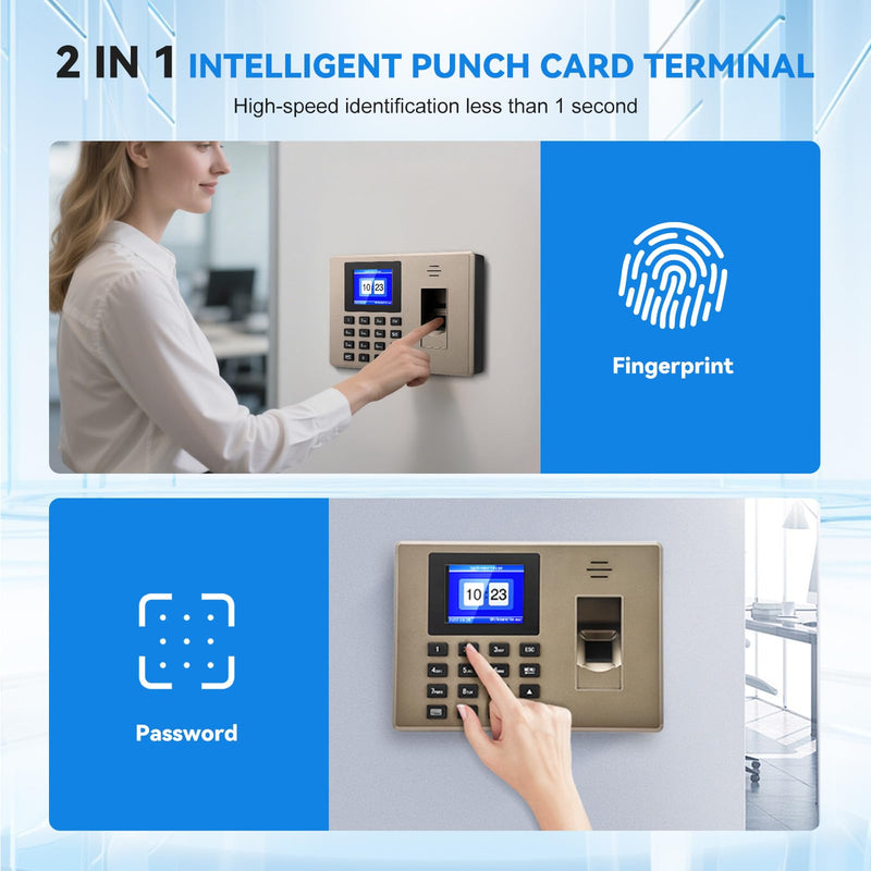 Time Tracking for Small Businesses, Multilingual, with Fingerprint & Pin Input, 1000 Fingerprint & 1000 ID, Employee Time Tracking Device, Working Time Tracking for Small Businesses