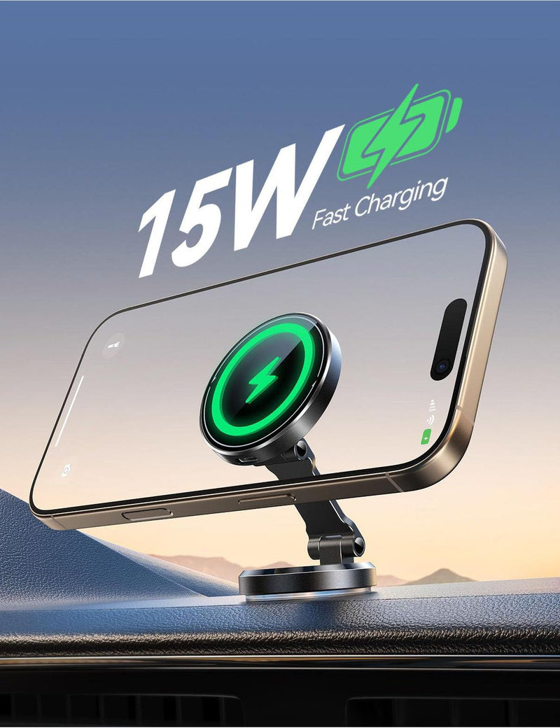 Metal MagSafe Car Mount Charger with 360° Rotatable Charging Panel & Base | 15W Fast Charging Magnetic Phone Holder, Strong Magnets Wireless Car Charger, Car Mount for iPhone 17 Pro Max 16 15 14 13 12 Black