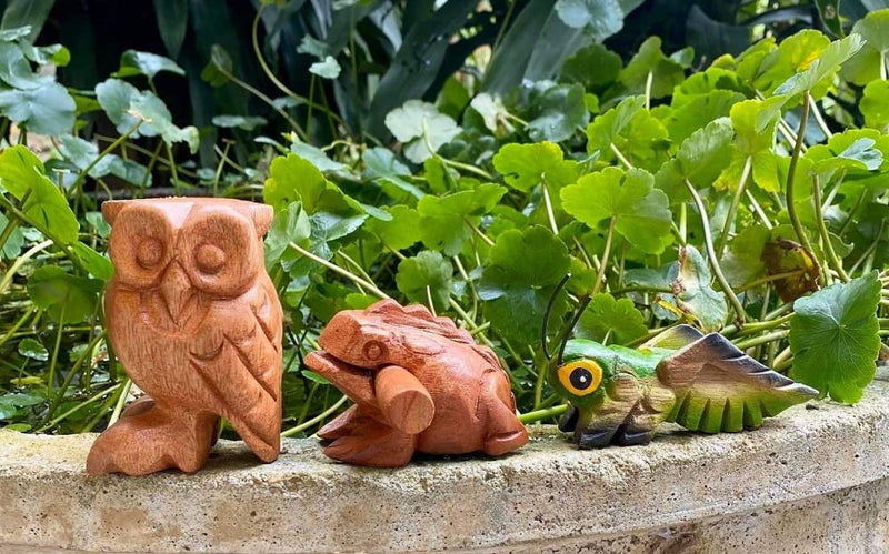Handmade Wooden Percussion 3 Pcs Set 3 Inch Wooden Frog, 4 Inch Wooden Cricket and 3.5 Inch Wooden Owl, Gift Decor,(Green Wooden Cricket Brown Wooden Frog/Owl) Green Wooden Cricket Brown Wooden Frog/Owl