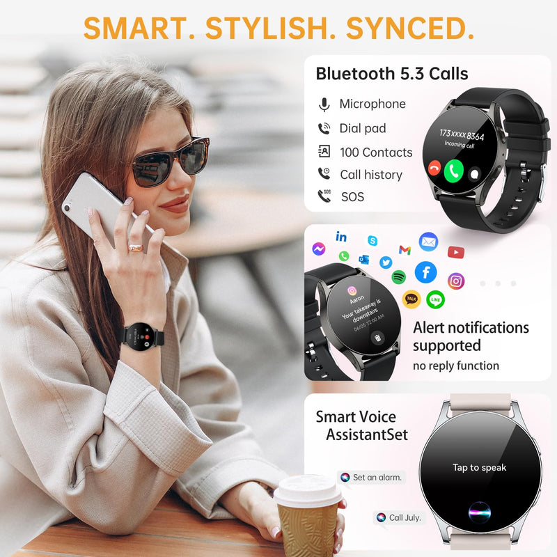 AI Smart Watch for Women Men with GPT, 1.32" AMOLED Fitness Tracker with Heart Rate/Sleep/SpO2 Monitor, Waterproof Smartwatch for Android/iPhone Phones (Black) Black