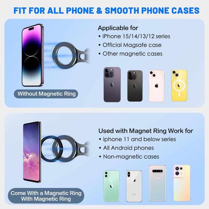 Magnetic Phone Holder for Car, Steering Wheel Phone Holder [Strong Magnet], for MagSafe, Adjustable Strap Compatible with Gym Equipment, Stroller, Shopping Cart, All Phone(Magnetic Ring Included) Black