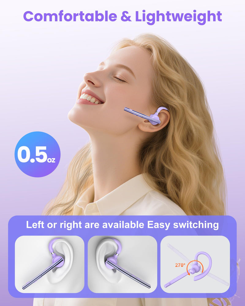 [AUSTRALIA] - New Bee Bluetooth Headset V5.1 72H Talk Dual Mic with Mute Button for Business, Wireless Hand-Free Bluetooth Earpiece with 500mAh Charging Case for Cell Phone Calls Trucker Driver Purple M54 