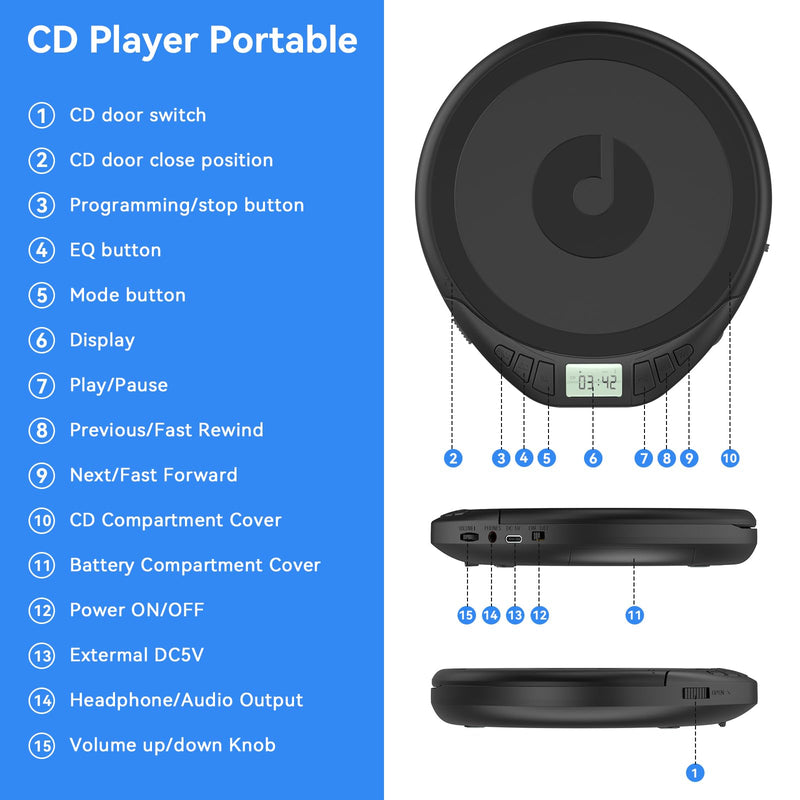 [AUSTRALIA] - Gueray Portable CD Player with Earphones,CD Discman for Car Home with Anti-Skip Shockproof Protection,Personal Discman CD Music Player with LCD Display Support PROG Memory Function H-01 Black 