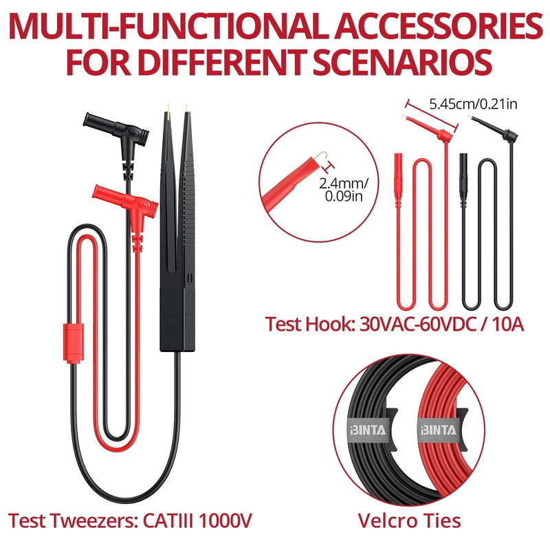 BINTA Silicone Multimeter Test Leads Set with Insulated Test Leads, Alligator Clips, Test Hooks, Test Probes, Test Tweezers, Professional Lead Kit for Digital Multimeter Testing CATII 1000V/ 19A 11PCS