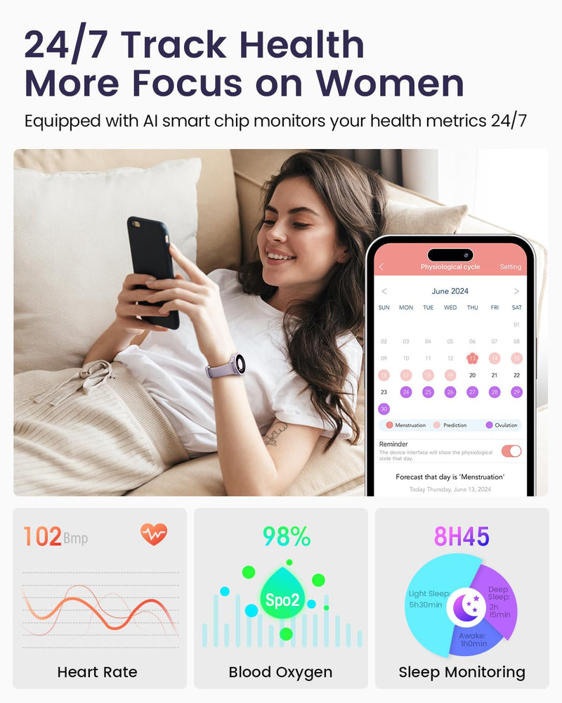 Smart Watches for Women(Answer/Make Calls), 1.27'' AMOLED Screen Activity Trackers with Heart Rate/Sleep/SpO2 Monitor, Smartwatch for iPhone/Samsung/Android,120+ Sport IP68 Fitness Watch 2Bands Violet