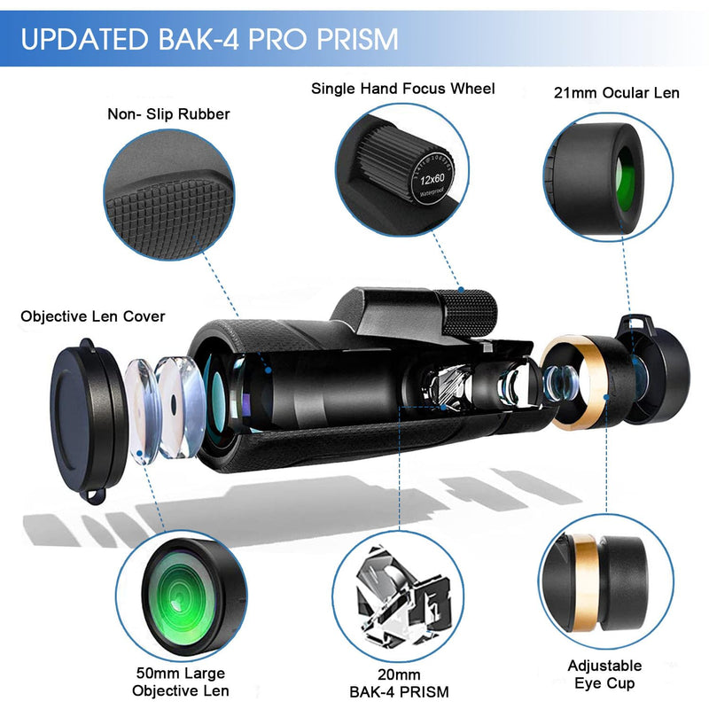 12×60 Monocular Telescope with Smartphone Holder & Upgraded Tripod, High Powered SMC & BAK4 Scope, Birthday Gifts for Men Dad Him Husband Teen, White Elephant Gift, Outdoors Survival Hiking Gear