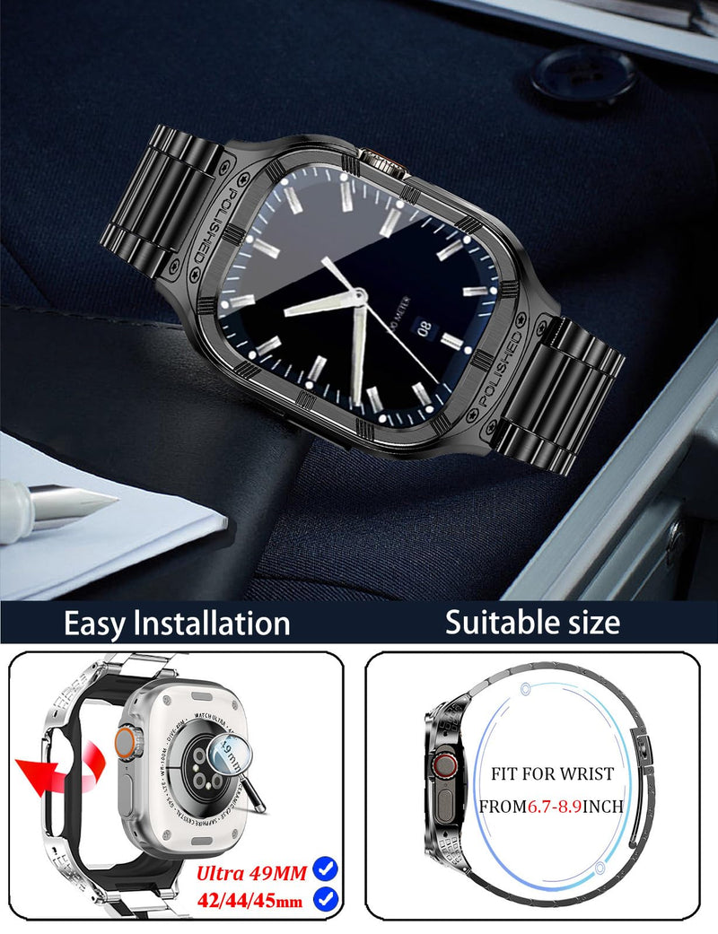 Stainless Steel Case and Band Compatible for Apple Watch Band 44mm 42mm,Rugged Apple Watch Case with Metal iWatch Bands for Men Series 6 5 4 3 2 1 SE (Black)
