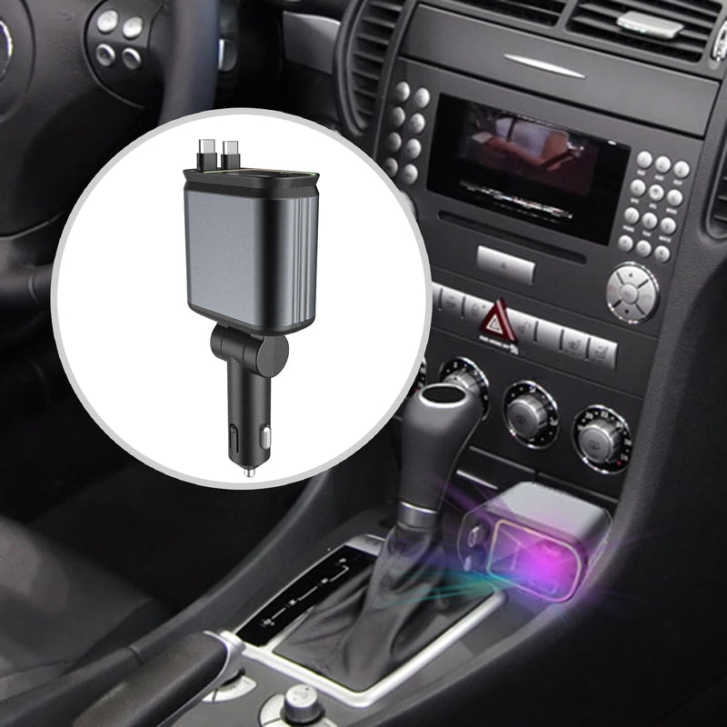 4 in 1 Car Charging Adapter with Star Projector Light Retractable Cable Double USB C & USB A Fast Car Charging for Phone