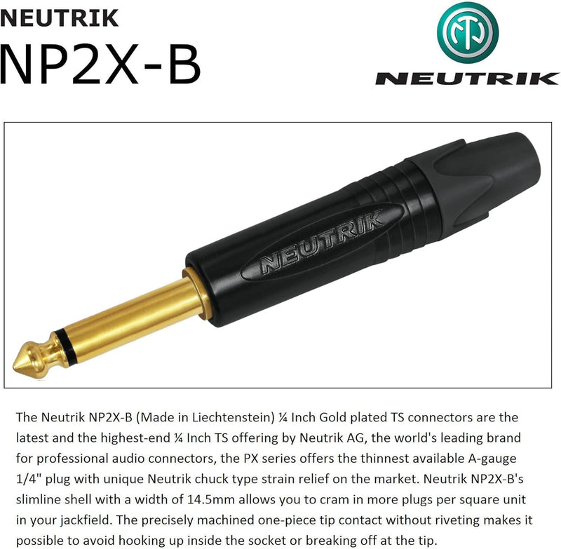 6 Foot - WBC-PRO-Guitar – 20 AWG - Low-Cap (18pF/ft) – Pro-Grade – Graphite-Based - Dual-Shielded Guitar Bass Instrument Cable w/Neutrik Straight - Angled (SilentPLUG) ¼ Inch (6.35mm) Gold TS Plugs