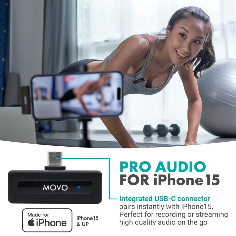 Movo Wireless Mini USB-C Wireless Microphone for iPhone 15/16/17 - Microphone Compatible with Pro Max - 10HR Battery Life, 164ft Range 1 Transmitter